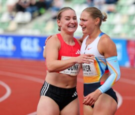 Goldenes Oval 2025 am 01.06.2025 im Heinz-Steyer-Stadion, Dresden. v.l. Sophia Junk, Lisa Mayer (GER), Foto: Joerg Halisch Goldenes Oval 2025 am 01.06.2025 im Heinz-Steyer-Stadion, Dresden. v.l. Sophia Junk, Lisa Mayer (GER), Foto: Joerg Halisch