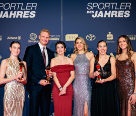 v.l. Sportlerin des Jahres Darja Varfolomeev (Rhythmische Sportgymnastik), Sportler des Jahres Oliver Zeidler (Rudern), Mannschaft des Jahres, 3x3 Basketball Frauen, Elisa Mevius, Sonja Greinacher, Svenja Brunckhorst, Marie Reicher Baden-Baden, 15.12.2024, Sportler des Jahres 2024 Baden-Baden, 15.12.2024, Sportler des Jahres 2024